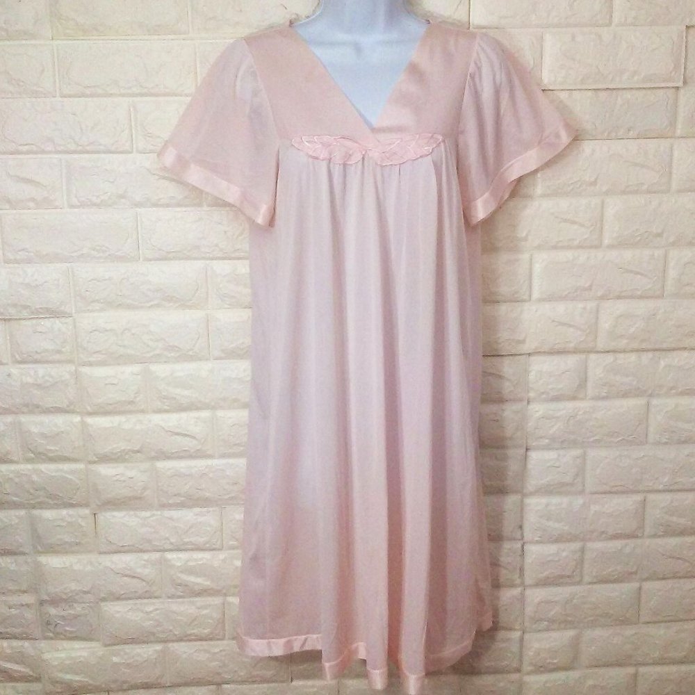 Vintage 80s Soft Moments Sleep Nightie -M Leaf Applique Bell Sleeves Vneck Pink